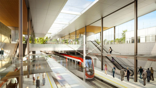 Artist conceptual drawing of the Tunney’s Pasture Ottawa LRT station. The drawing showing the east and west bound trains at the multi-level station.