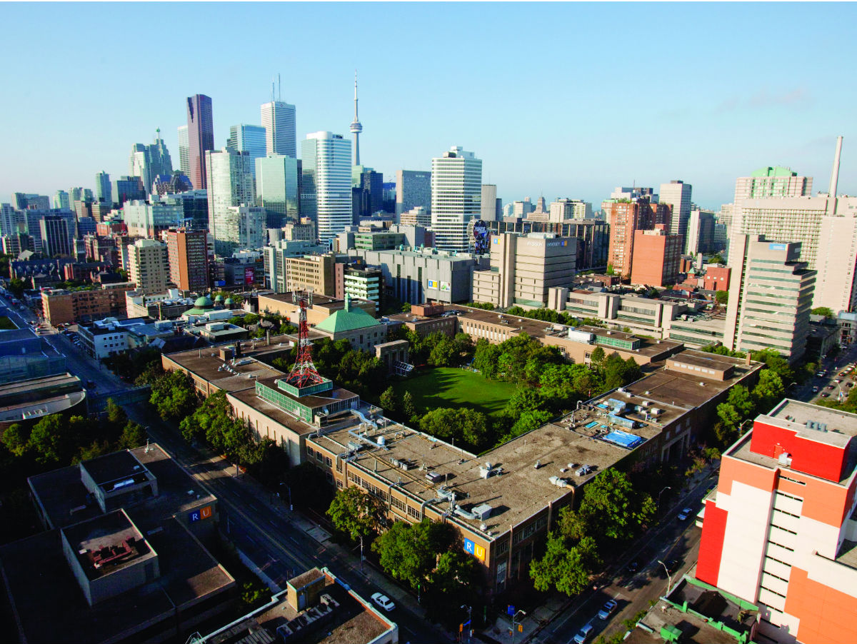 Ariel photo of the downtown Toronto, ON campus of Ryerson University, with the 4 buildings of Kerr Hall in the centre of the photo.